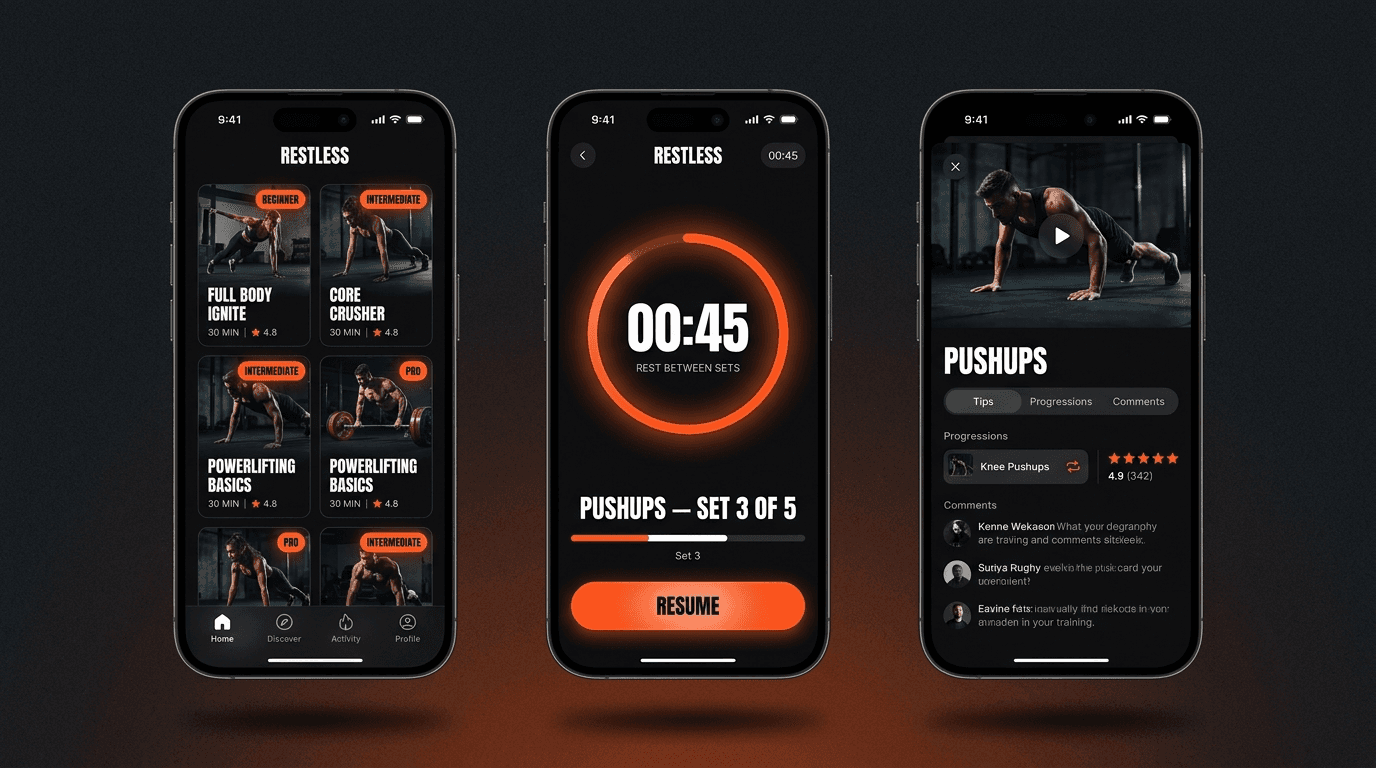 RESTLESS mobile app screens: workout marketplace, guided player with countdown ring, and exercise detail