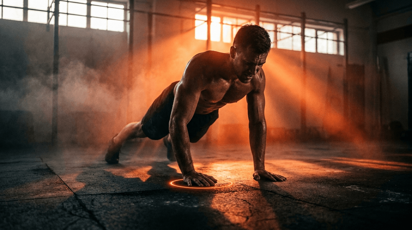 Lone athlete training in dramatic ember light with chalk dust in the air