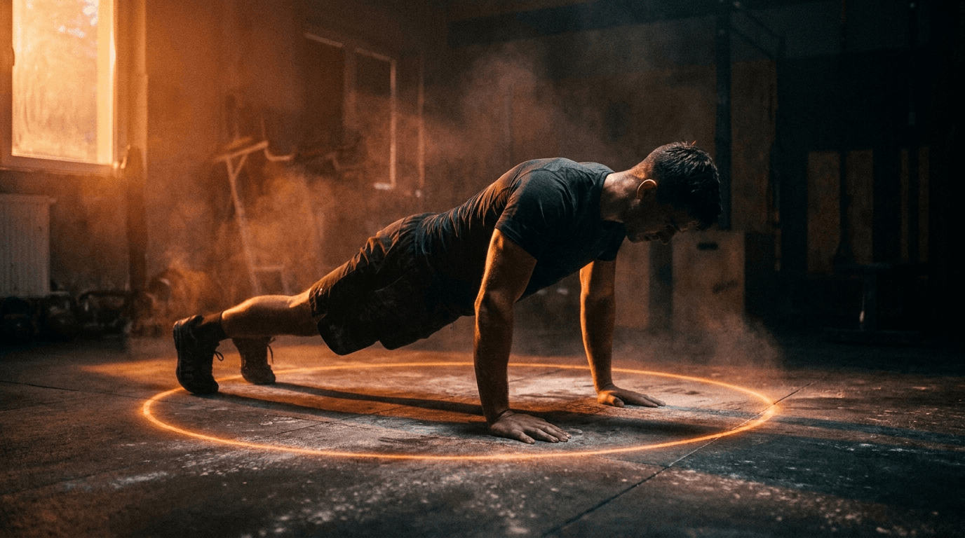 Athlete mid-pushup in ember rim light on a dark gym floor