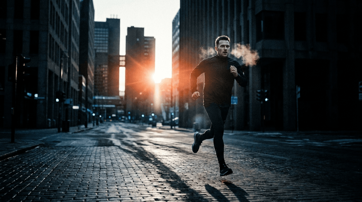 Runner sprinting through an empty city street at dawn with an ember sunrise flare