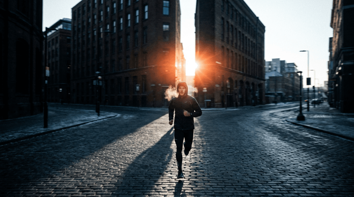 Determined runner at first light between dark city buildings