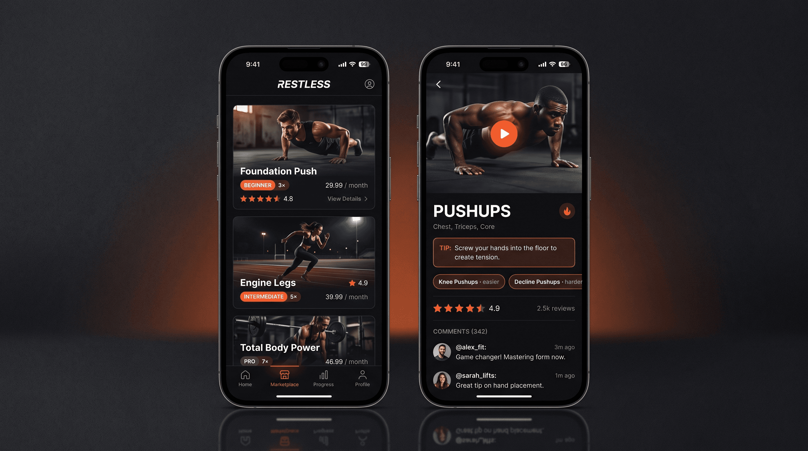 RESTLESS app marketplace and exercise detail screens with ember level badges