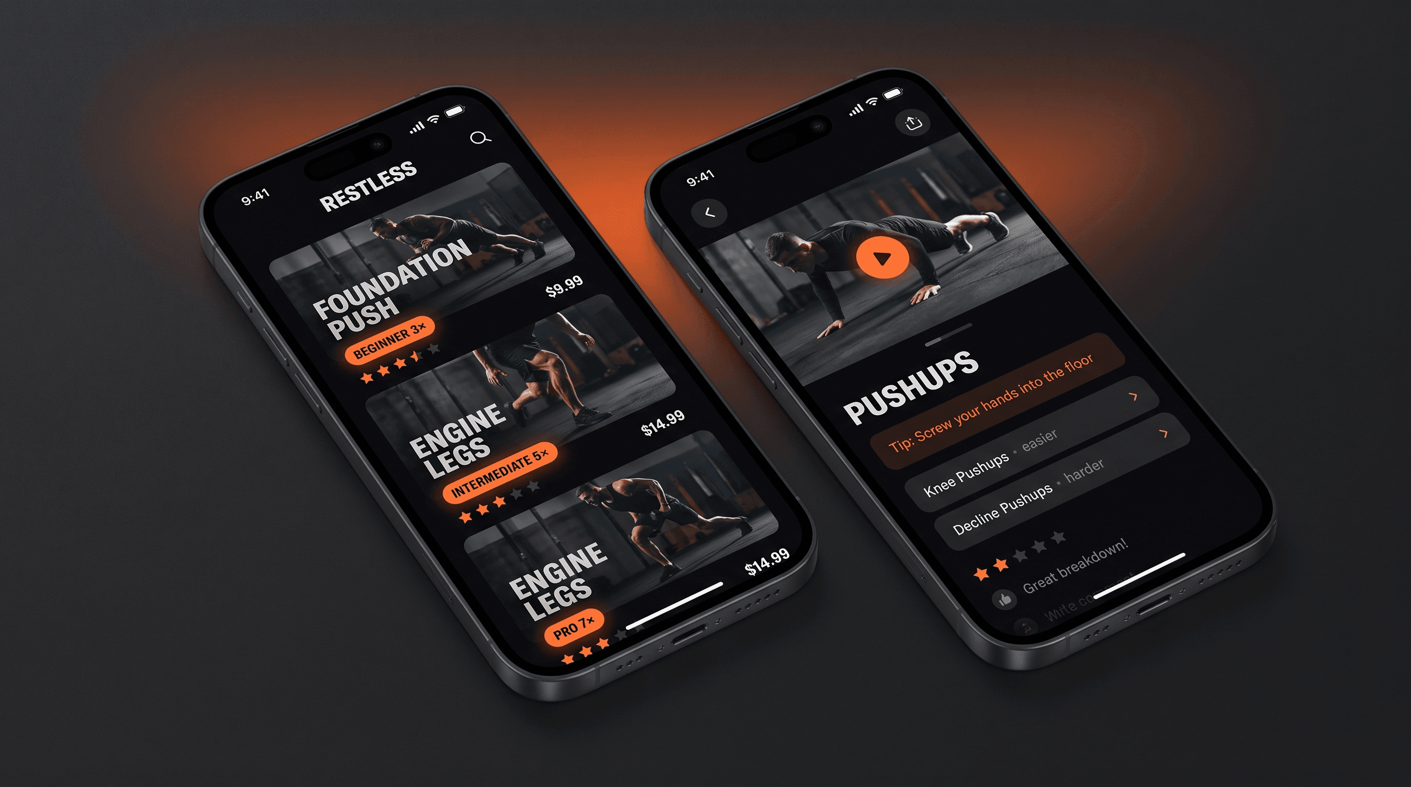 RESTLESS app screens showing workout cards, progressions, and community comments